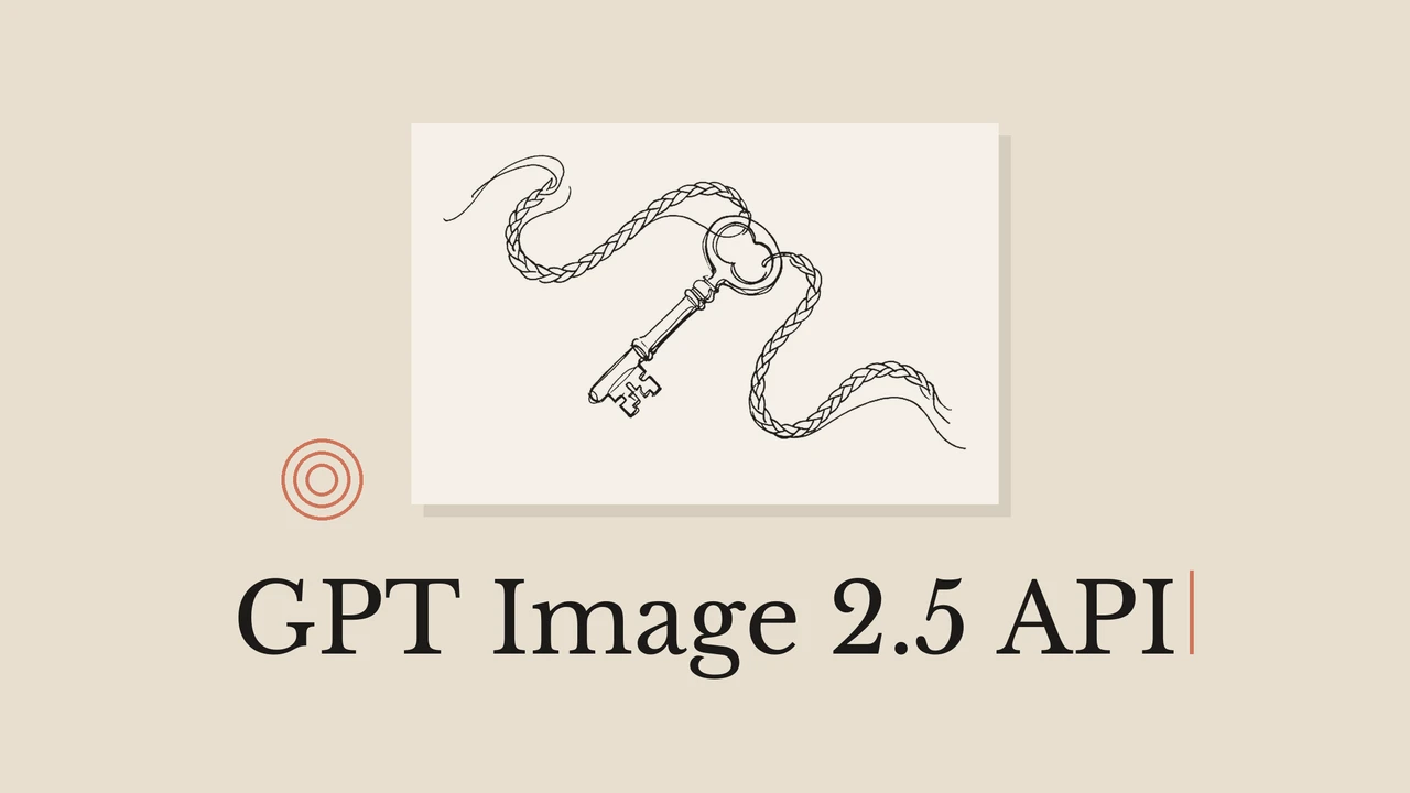 A black ink key with two cords on pale paper, a warm beige background and the title GPT Image 2.5 API.