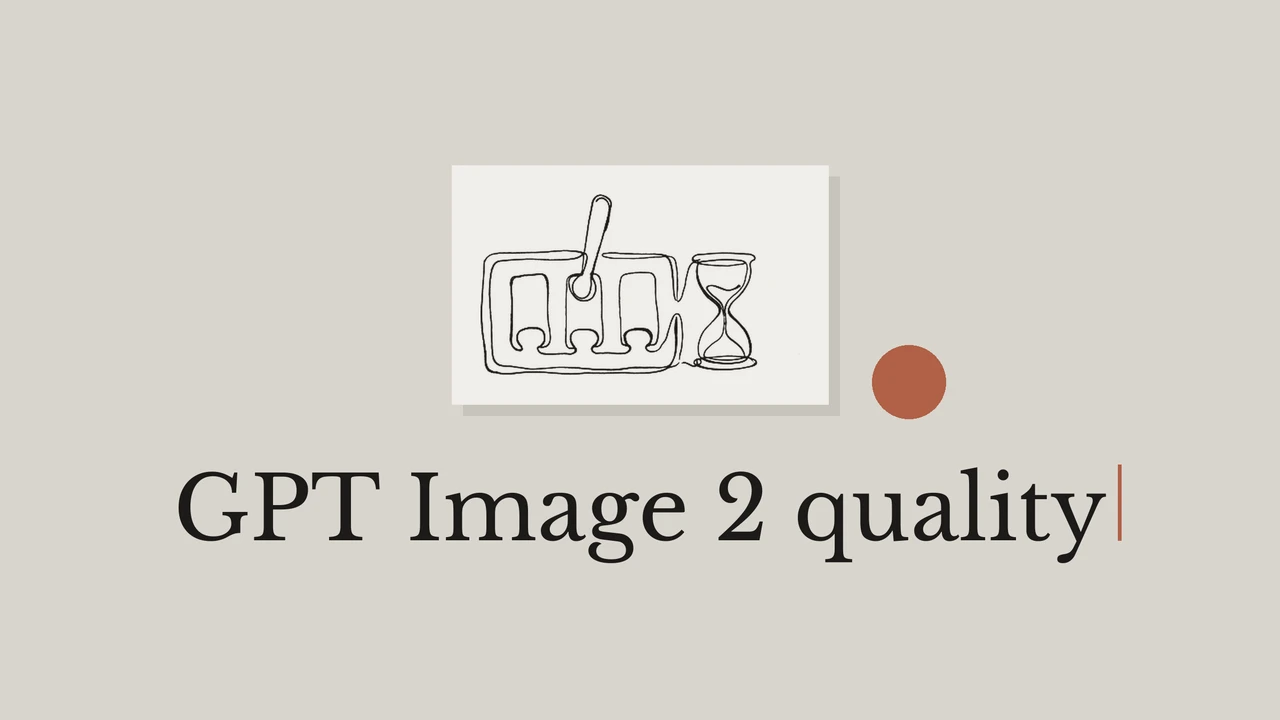 Single-line ink drawing of a three-position sliding lever switch with the handle resting at the leftmost notch and a small hourglass beside it, on a pale paper card over a warm grey background, a solid rust circle beside the card, and the serif title GPT Image 2 quality beneath