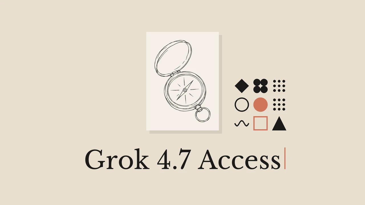 A compass line drawing on a pale card, with the title Grok 4.7 Access.