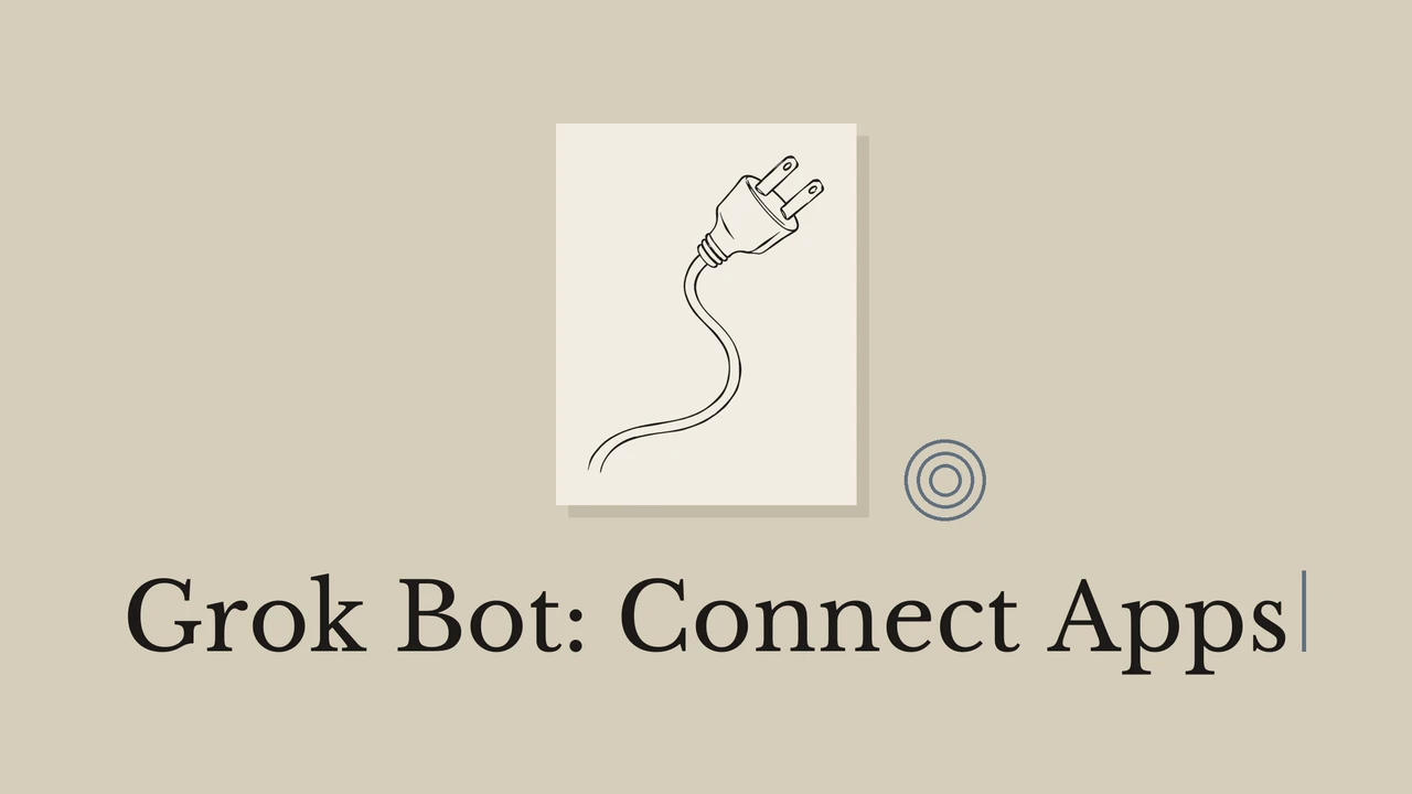Black ink illustration of a power plug with the title Grok Bot: Connect Apps.