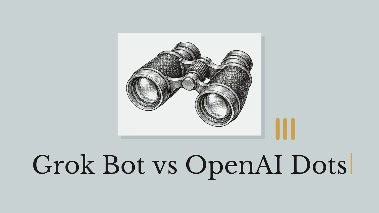 Black ink binoculars on a muted blue background, titled Grok Bot vs OpenAI Dots.