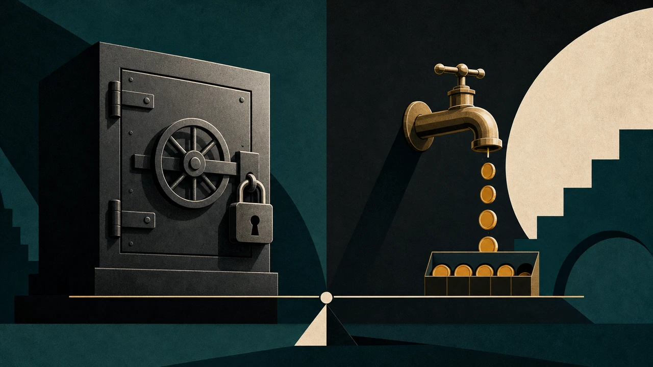 A $30 subscription doorway on the left and an open metered token faucet on the right, geometric editorial illustration in ink and amber