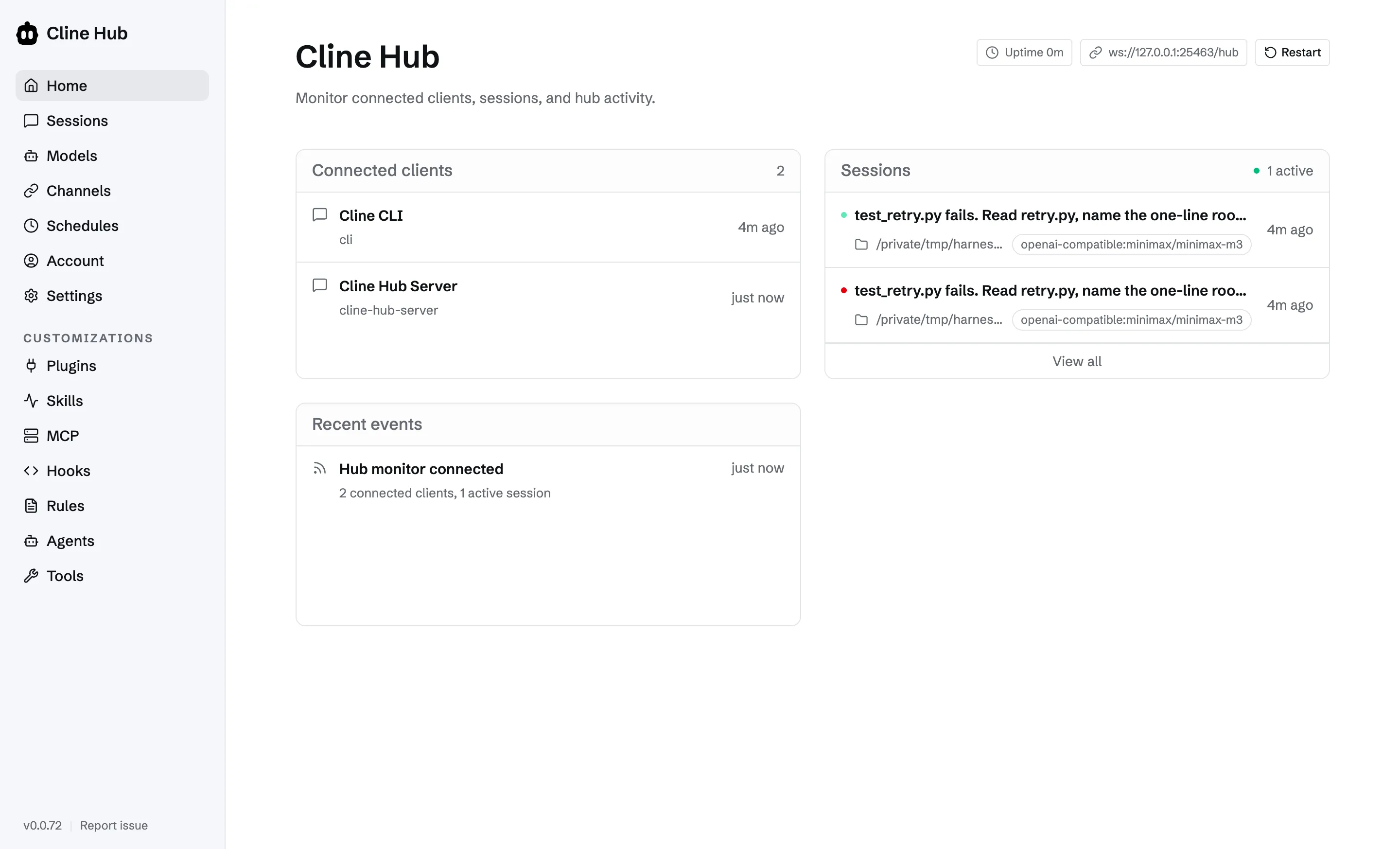 浏览器里的 Cline Hub 面板,显示两个已连接客户端、一个正在跑的会话(openai-compatible 的 deepseek-v4-flash 模型,指向本地工作目录),以及一条最近事件流