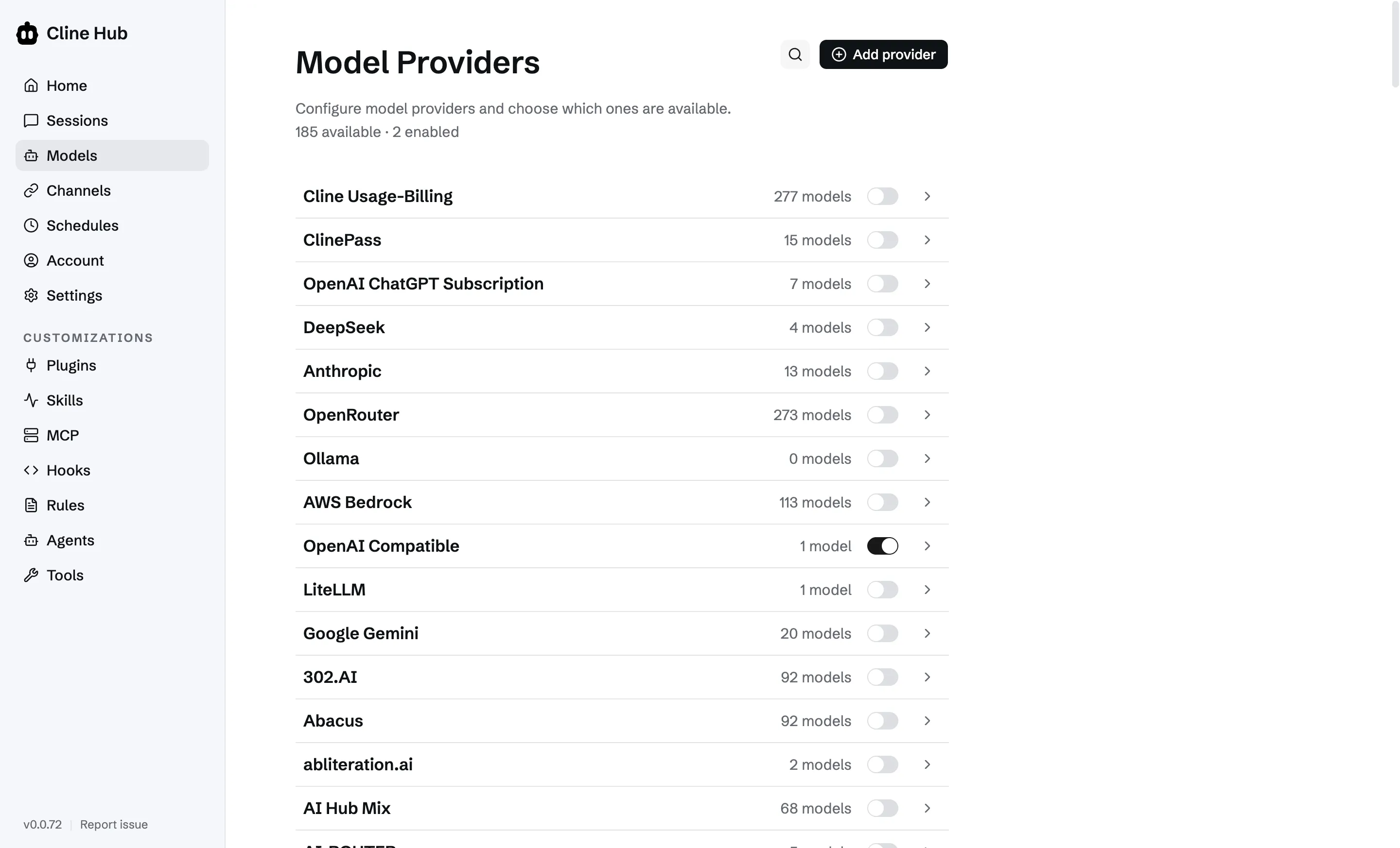 Cline 的 Model Providers 界面列出 185 个可用 provider、其中 2 个已启用,包括 Cline Usage-Billing、OpenRouter、AWS Bedrock、LiteLLM,以及一个已打开的自定义 OpenAI Compatible 条目