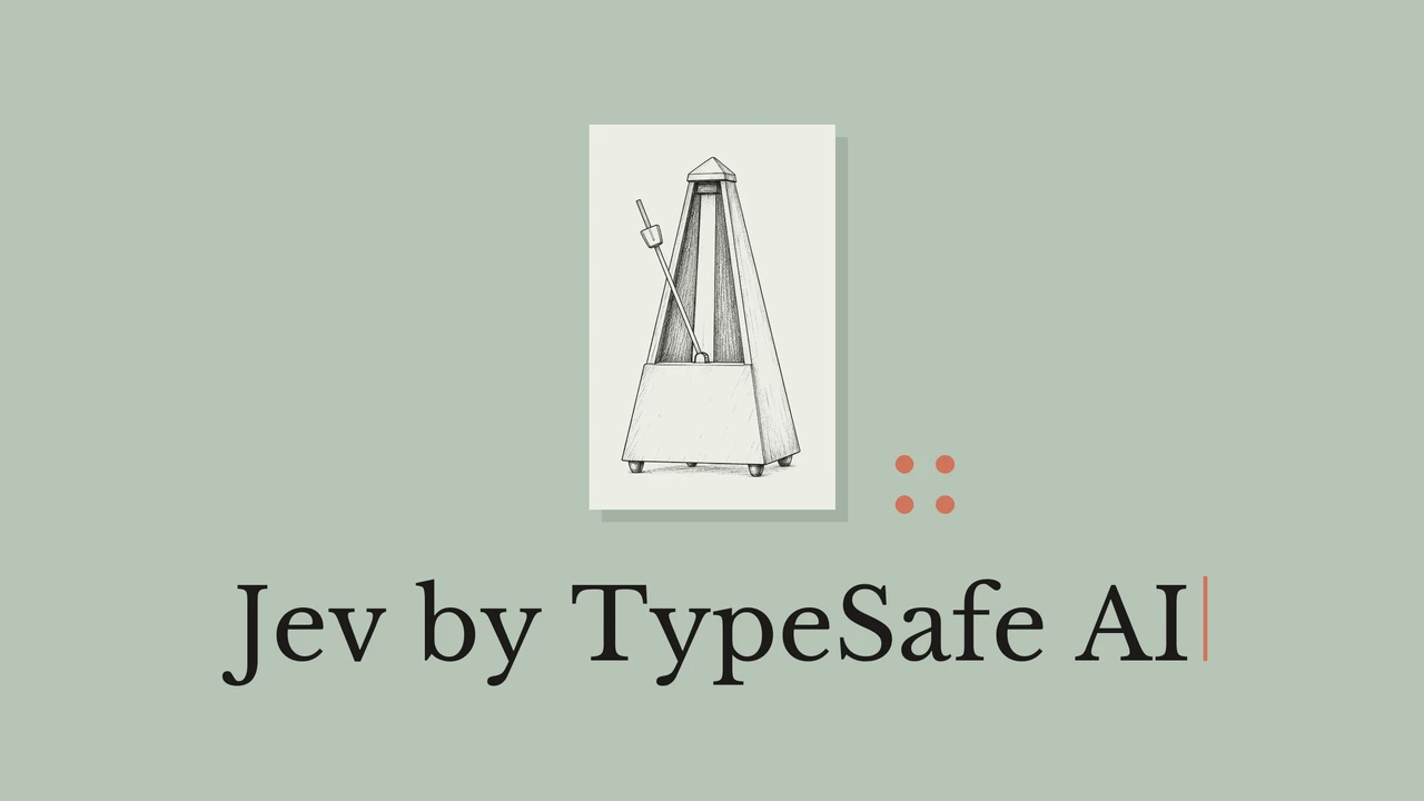 A mechanical metronome drawn on a pale card against a sage background, with the title Jev by TypeSafe AI.