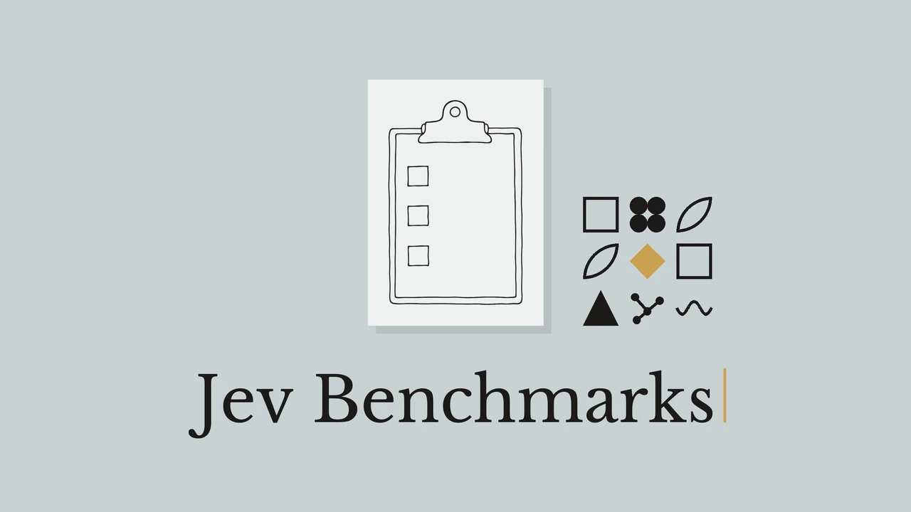 청회색 배경의 밝은 종이에 그린 클립보드 선화와 Jev Benchmarks 제목.