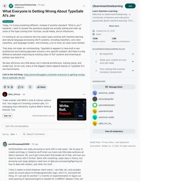 Original Reddit post comparing Jev with existing classifiers and questioning reliance on vendor benchmarks.