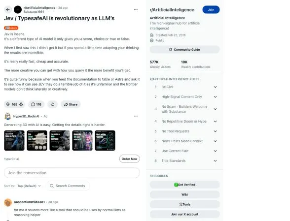 Original Reddit post describing a positive experience using Jev, with the author, community and captured vote count visible.