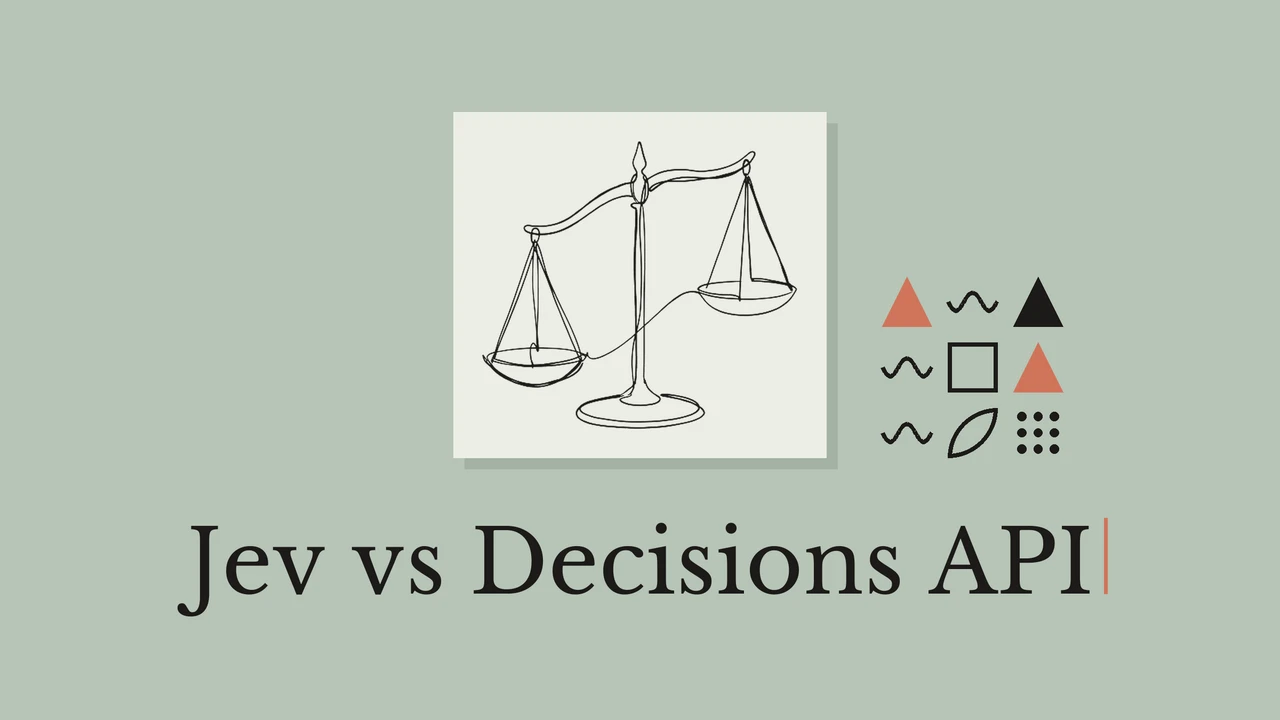 セージグリーンの背景に黒い天秤の線画とJev vs Decisions APIのタイトル。