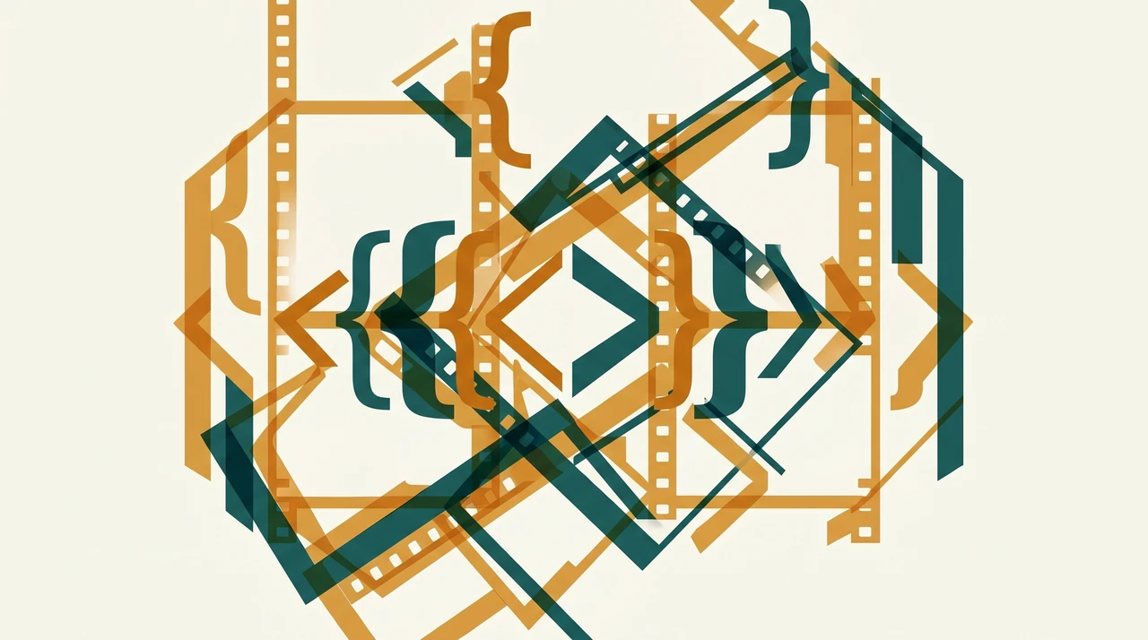 Abstract geometric composition of overlapping film frames and code brackets in warm amber and deep teal, suggesting video generation flowing through an API pipeline