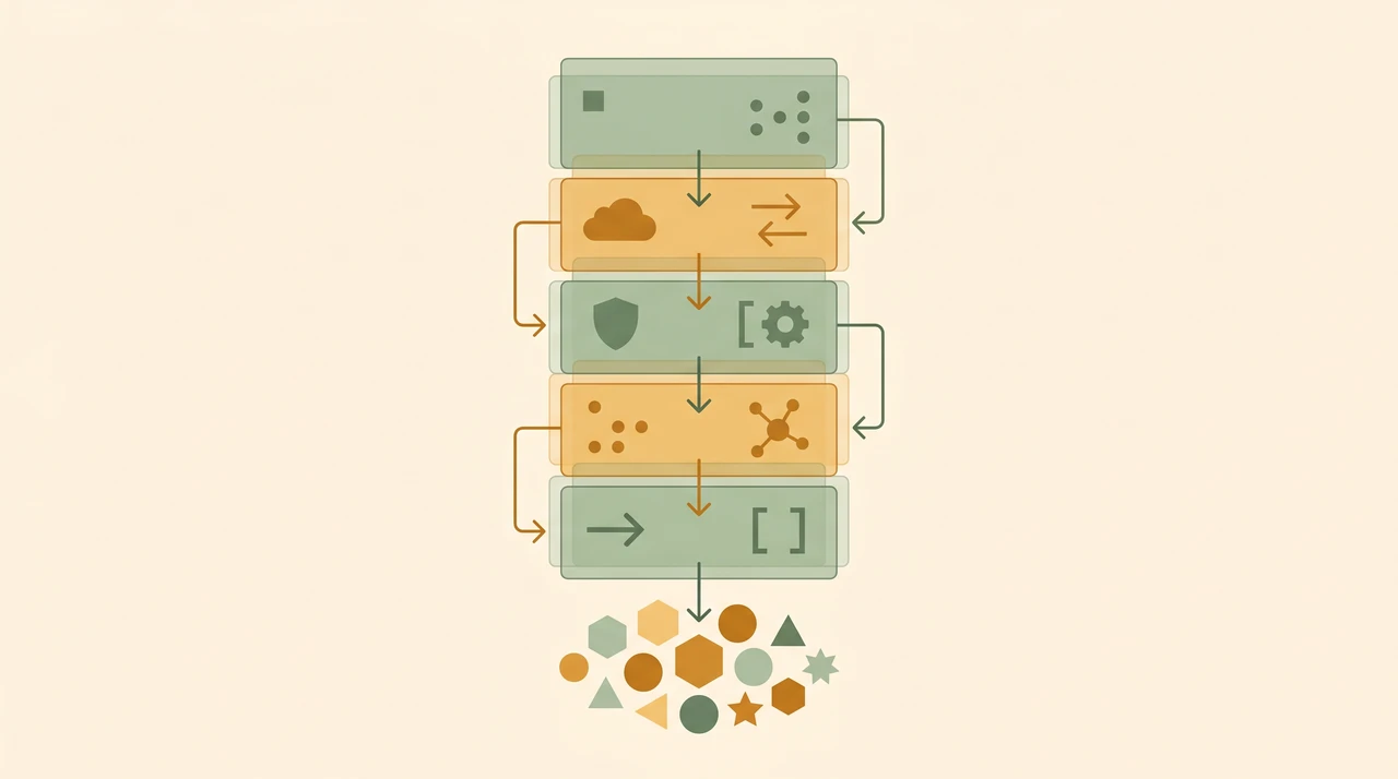Warm flat illustration of layered rectangular blocks connected by flowing lines, representing open API layers in earthy amber and green tones