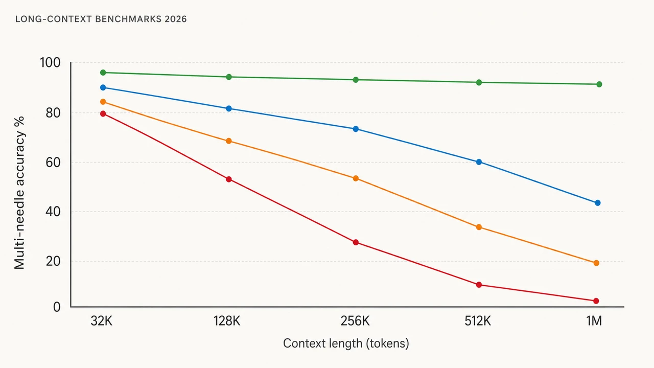 Bar-chart-style data visualization showing accuracy degradation curves of frontier LLMs across 32K, 128K, 256K, and 1M token context lengths