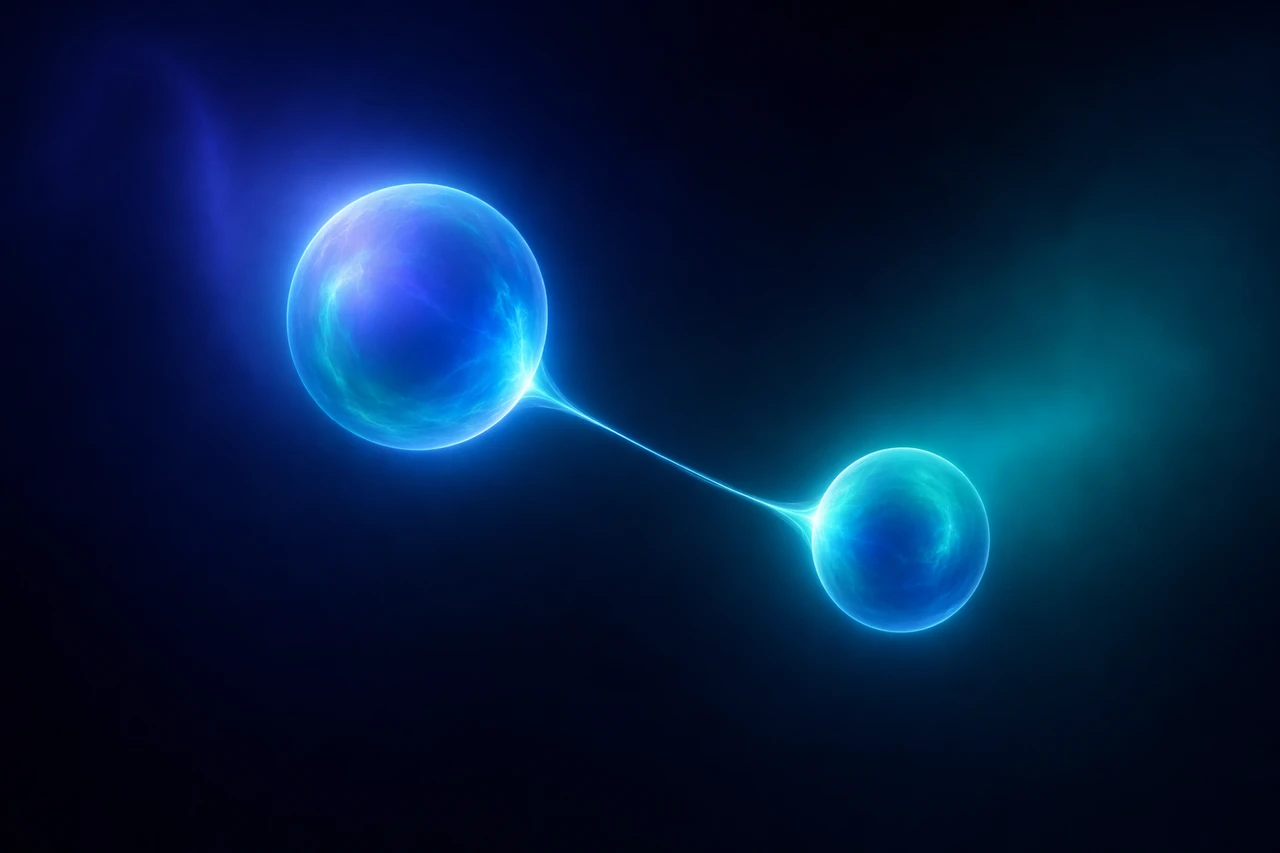Abstract gradient showing two glowing spheres connected by a network thread, symbolizing MiniMax M2.5 and M2.7 model tiers