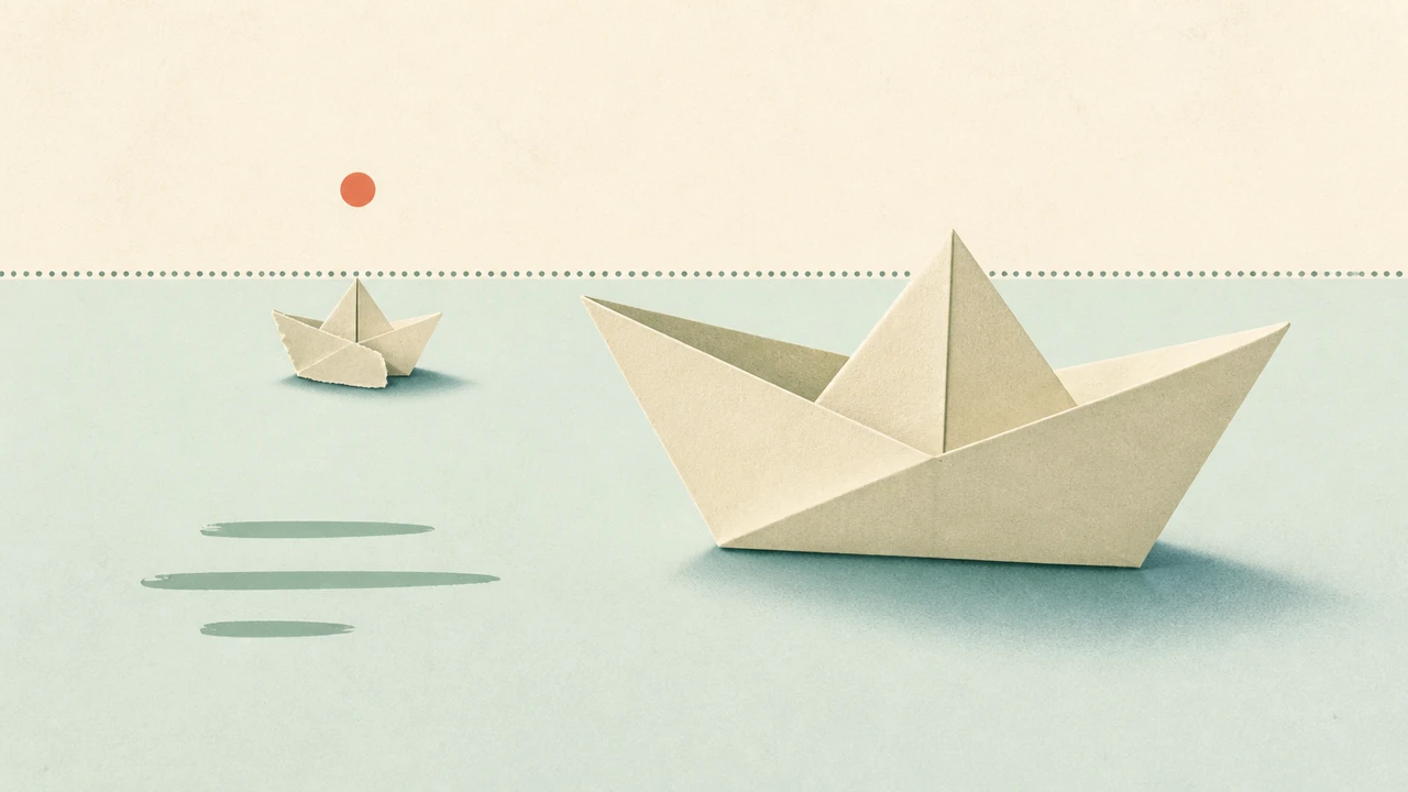 Editorial illustration of two origami paper boats on a flat pale aqua surface; a tiny boat folded from a small cream paper scrap on the left sits slightly ahead, while a much larger boat folded from an oversized rectangular paper sheet sits behind on the right, with three flat horizontal wave strokes and a single coral dot above the small boat, all on a cream background