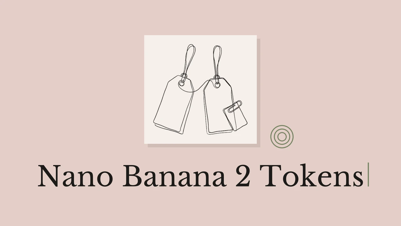 Single-line ink drawing of two identical price tags hanging side by side, the right one with a small extra tag clipped onto it, on a pale paper card over a dusty pink background, olive concentric rings beside the card, and the serif title Nano Banana 2 Tokens beneath