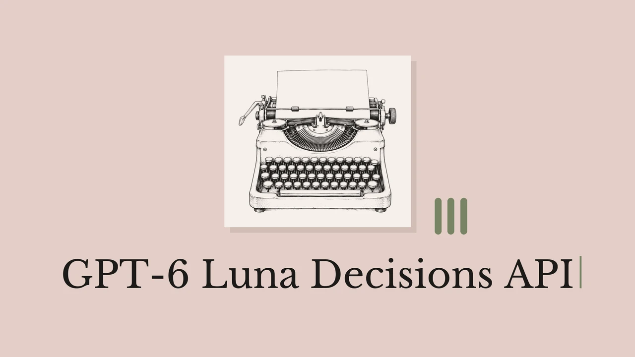 타자기와 세로 막대 장식, GPT-6 Luna Decisions API 제목이 있는 차분한 분홍색 선화 표지.