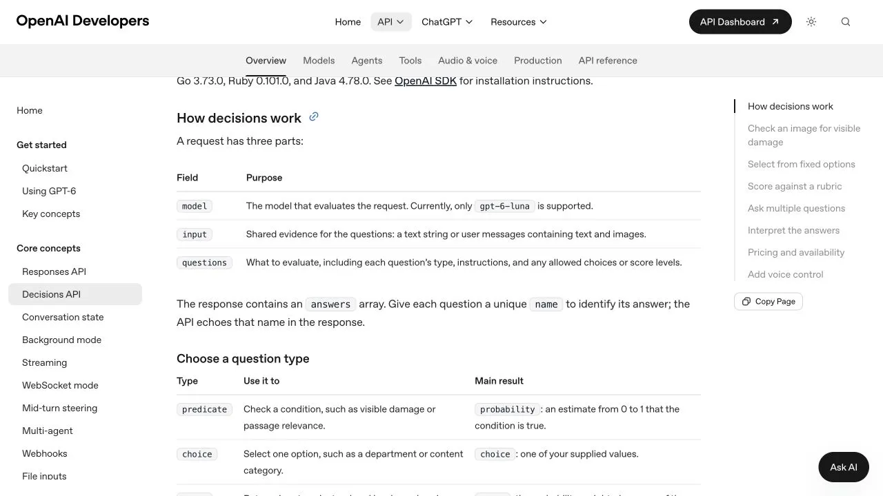 model, input, questions 필드와 응답 유형을 보여 주는 실제 OpenAI Decisions 영어 문서 화면.