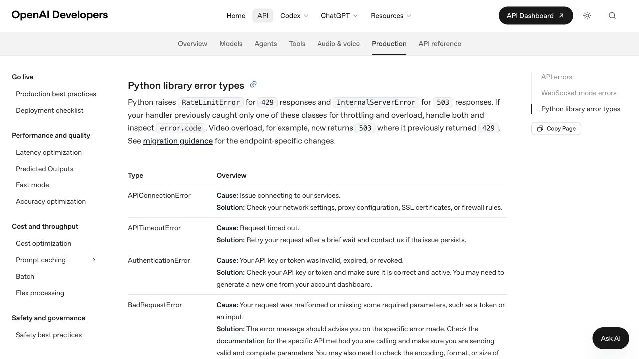 OpenAI official error guidance used as a reference for distinguishing error categories