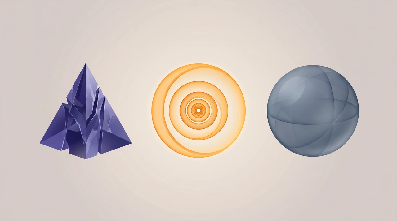 Three abstract geometric figures — an indigo prism, an amber spiral, and a slate sphere — arranged on a neutral background, representing distinct reasoning styles of three frontier AI models