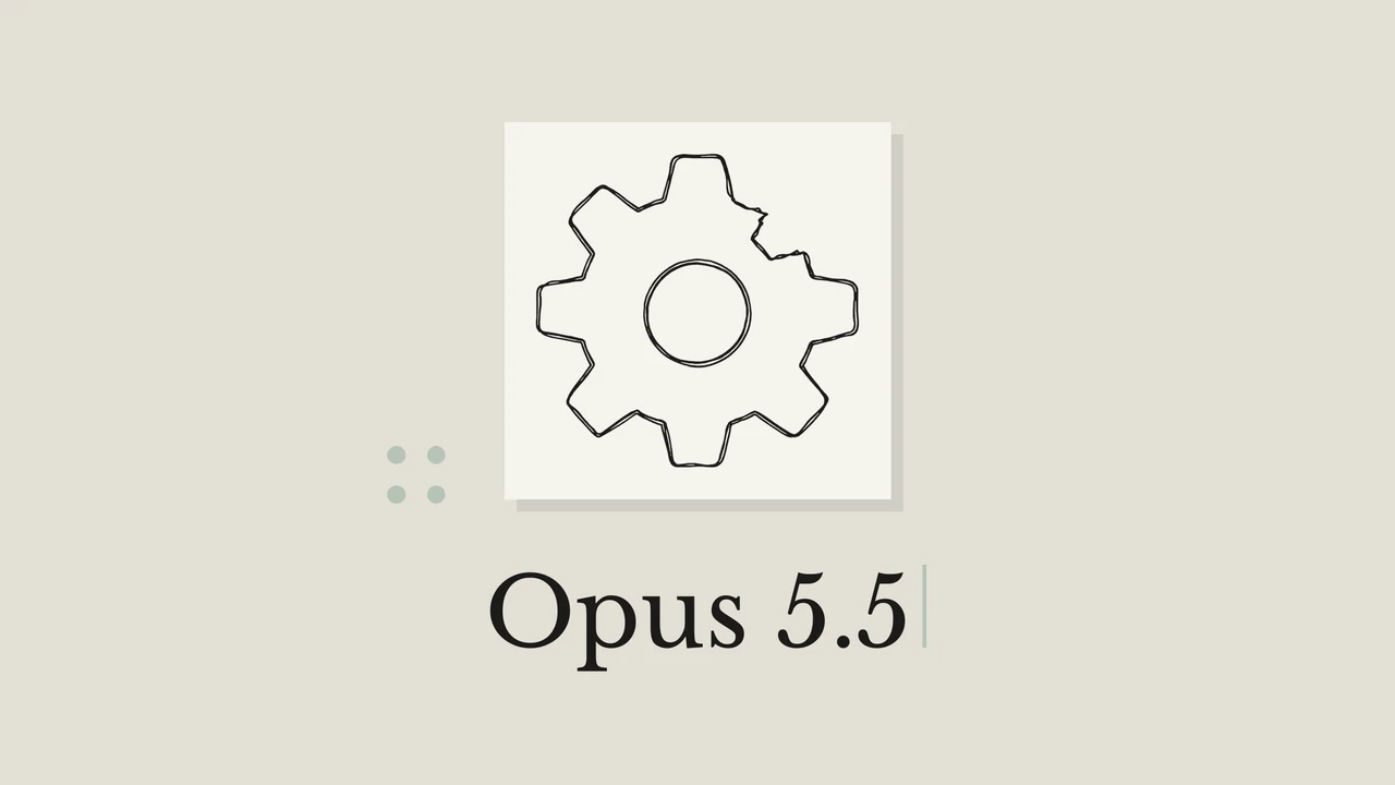 Контурный рисунок шестерёнки на кремовой бумаге с заголовком Opus 5.5 и геометрическими деталями приглушённых цветов