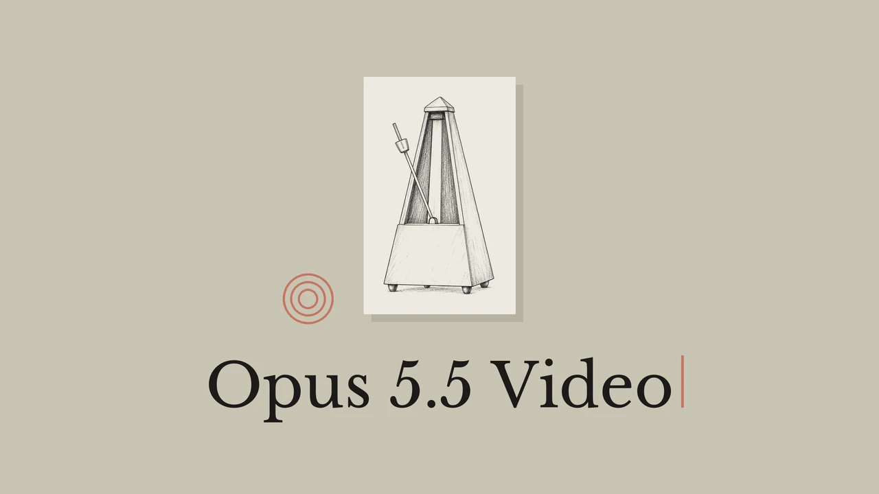 A black ink metronome on a pale card with an olive gray background and the title Opus 5.5 Video.