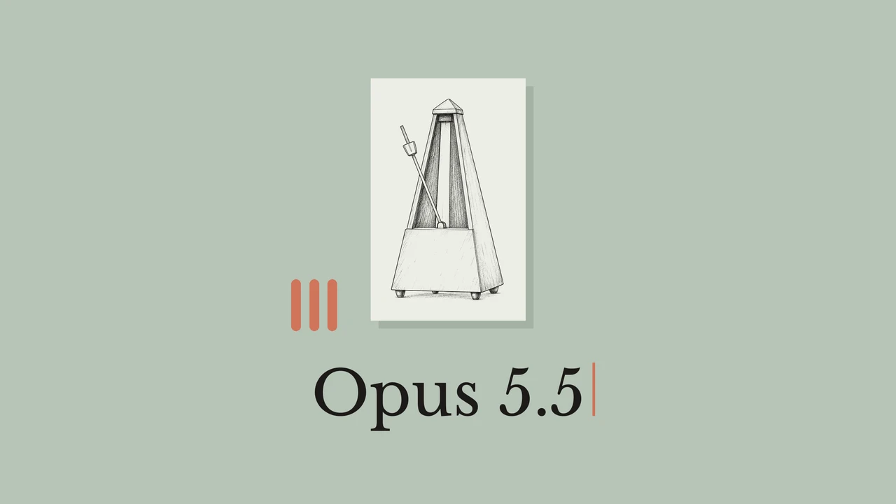 Metronome line drawing on pale paper against a sage background, with orange bars and the title Opus 5.5