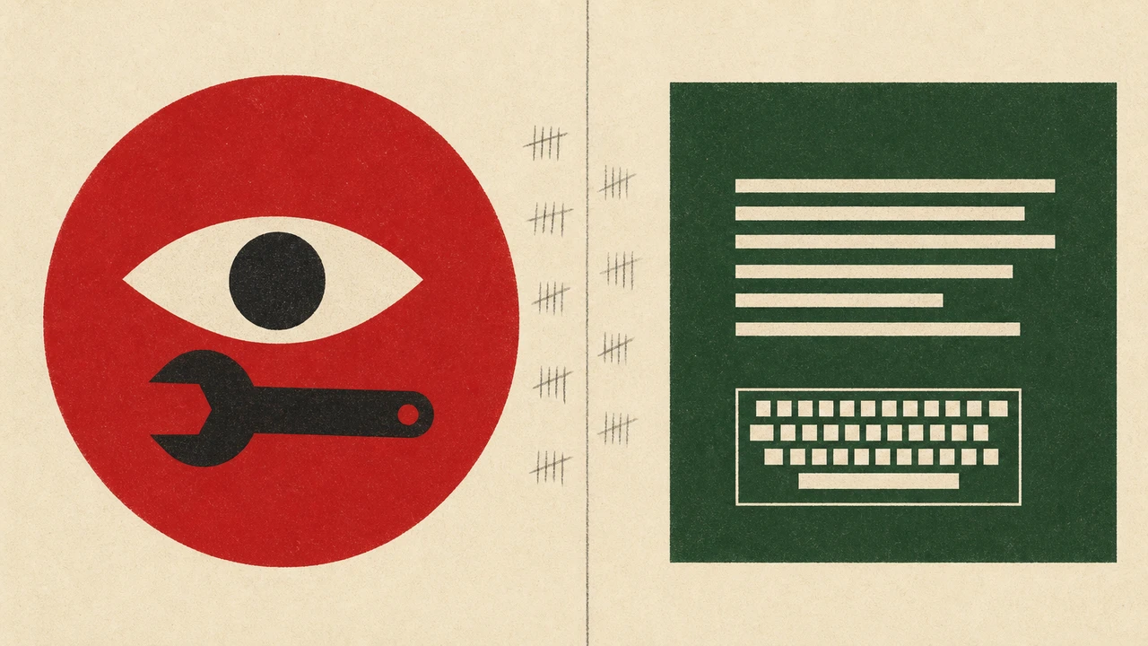 Saul Bass-style editorial illustration: a red circle holding an eye and a wrench on the left, a deep green square holding a paragraph of text and a keyboard on the right, separated by a thin off-white seam.