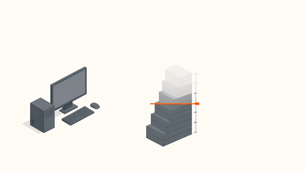 Flat isometric illustration of a desktop workstation beside a stepped stack of memory blocks, with a bright orange line marking a hard ceiling partway up the stack and the blocks above it greyed out.