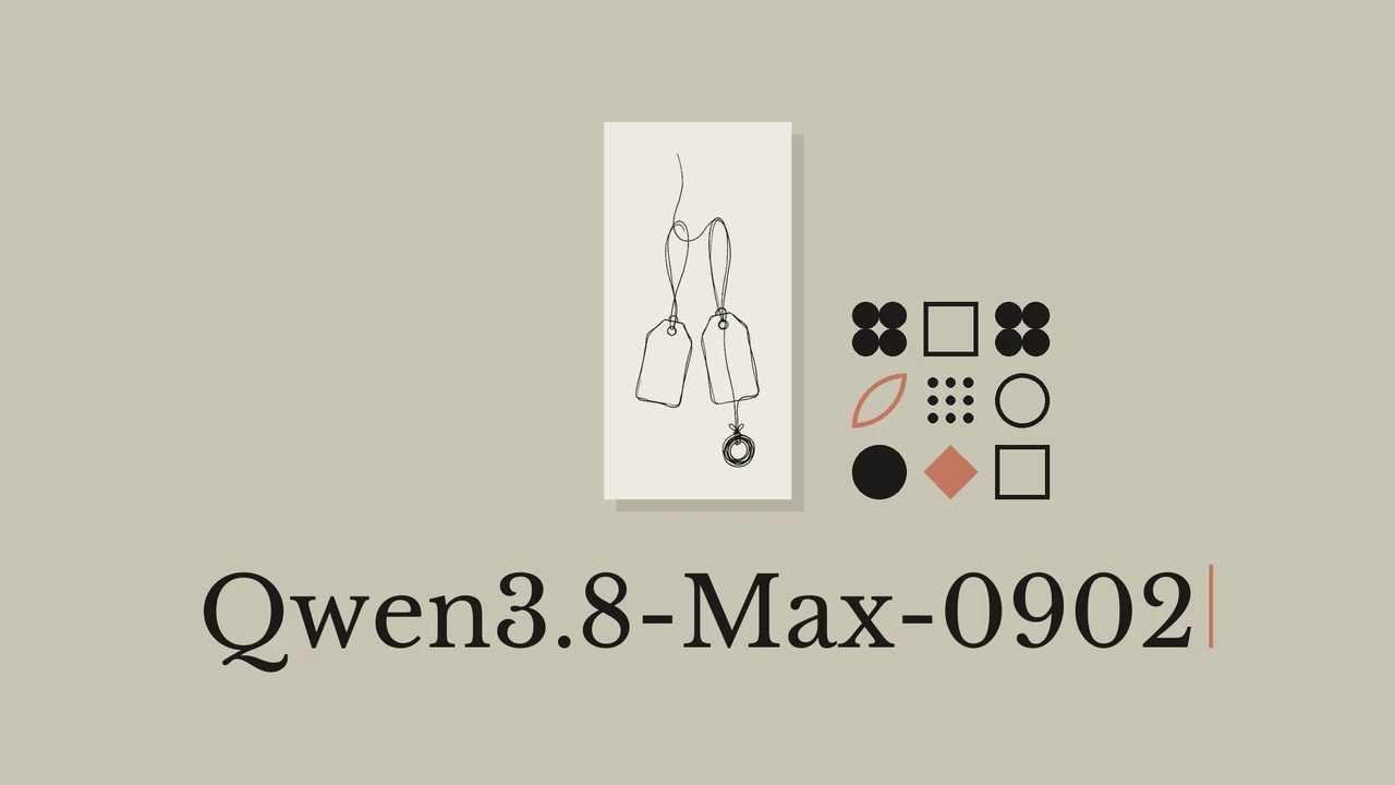 Single-line ink drawing of two identical price tags with one carrying a small extra weight on its string, on a pale paper card over an olive grey background, a small grid of black and coral geometric glyphs beside it, and the serif title Qwen3.8-Max-0902 beneath