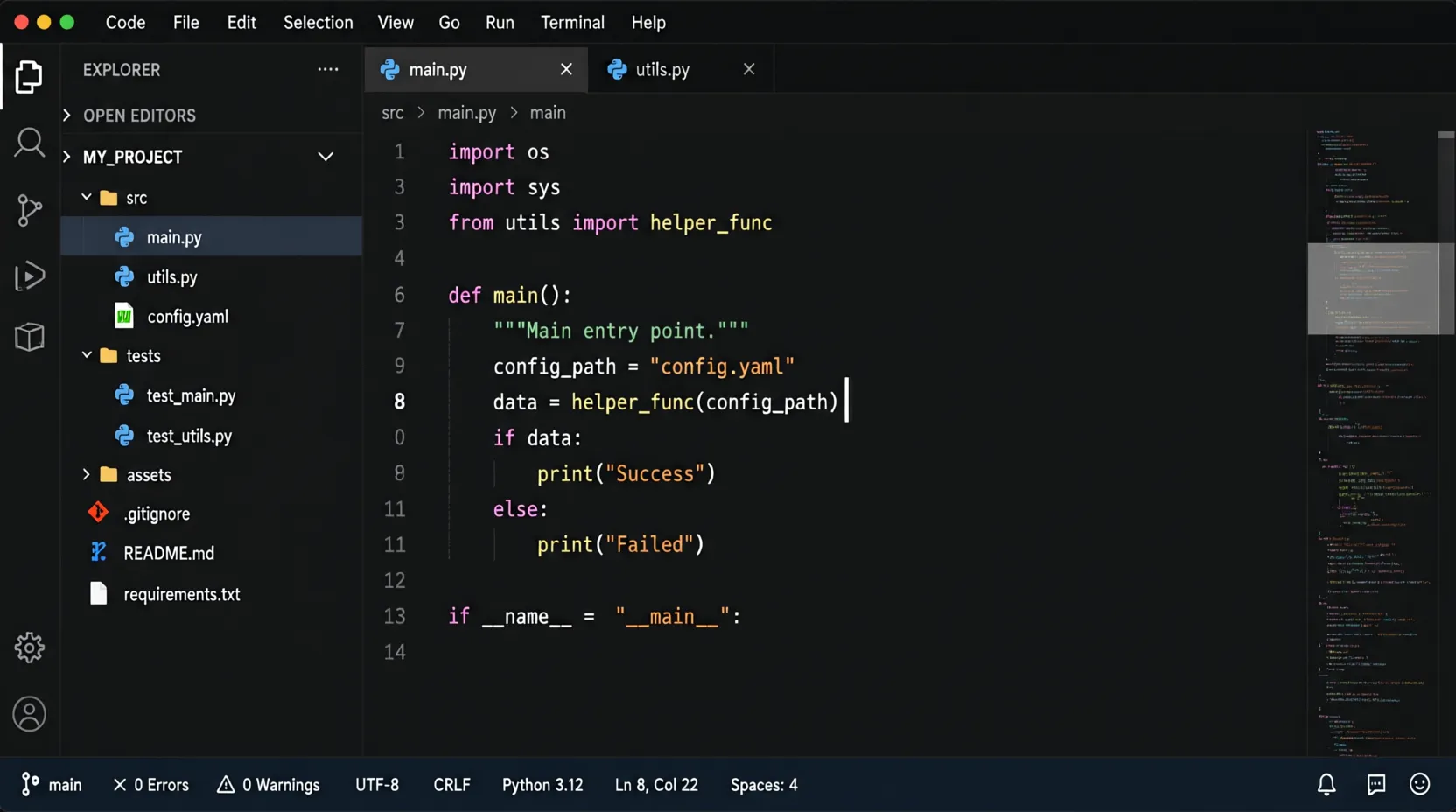 Dark-theme code editor mockup showing a file tree with main.py, utils.py and config.yaml, syntax-highlighted Python in the centre pane, and a status bar reading UTF-8 CRLF Python 3.12 Ln 8 Col 22 Spaces 4