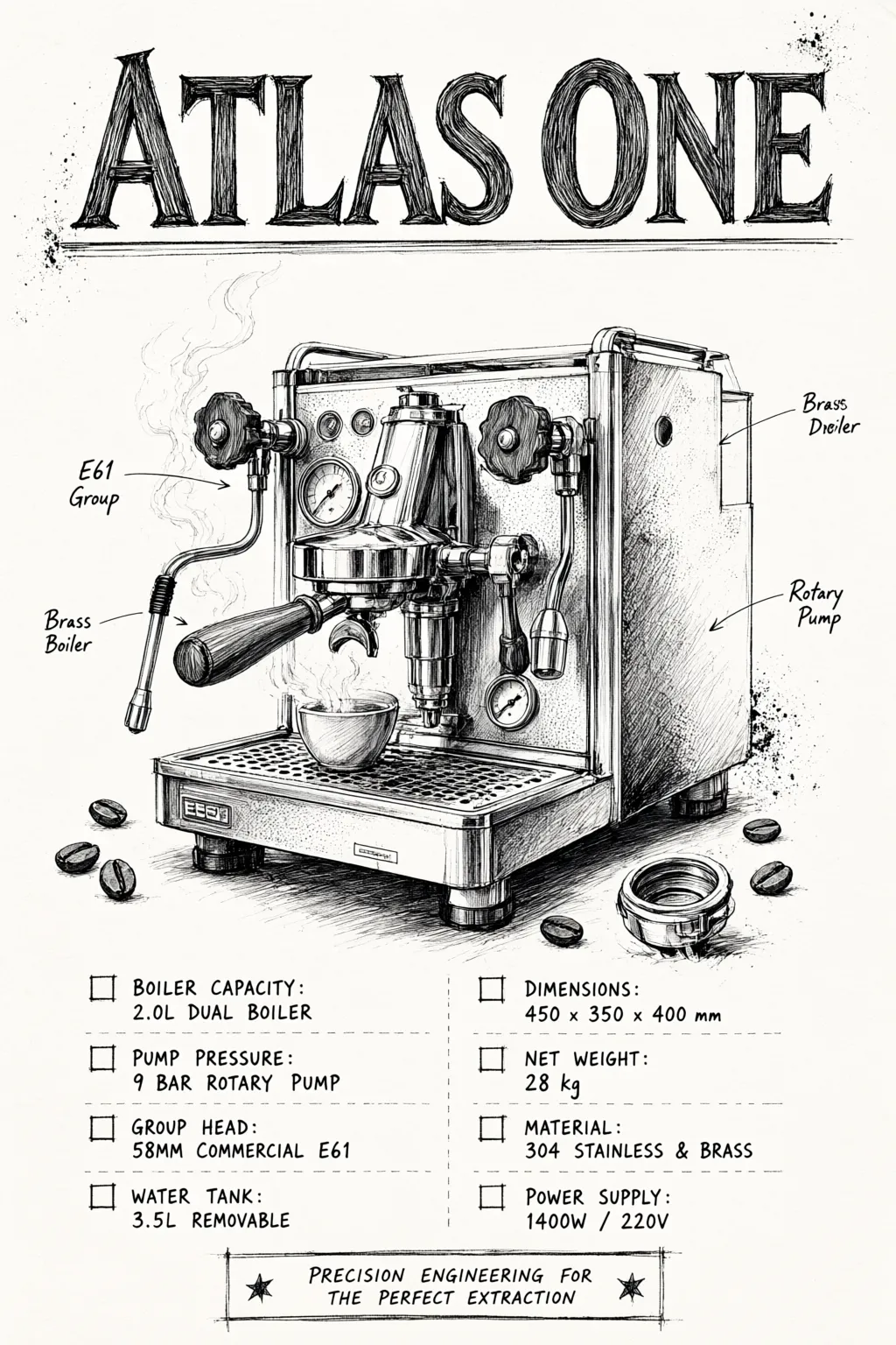 Hand-drawn ink sketch poster headed ATLAS ONE showing an espresso machine with callout labels and an eight-cell specification grid listing boiler capacity 2.0L, pump pressure 9 bar, net weight 28 kg and other values