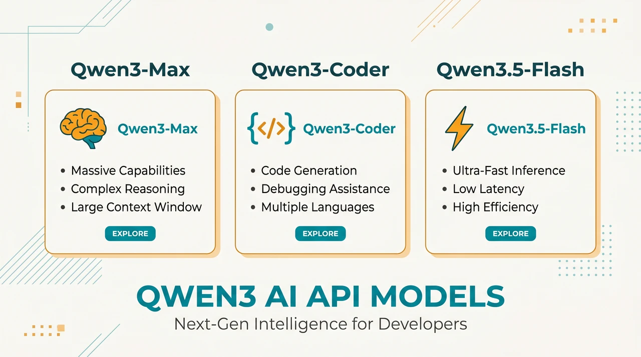 Flat illustration of interconnected model cards in warm tones showing Qwen3 model family — Max, Coder, Flash variants arranged in a clean grid