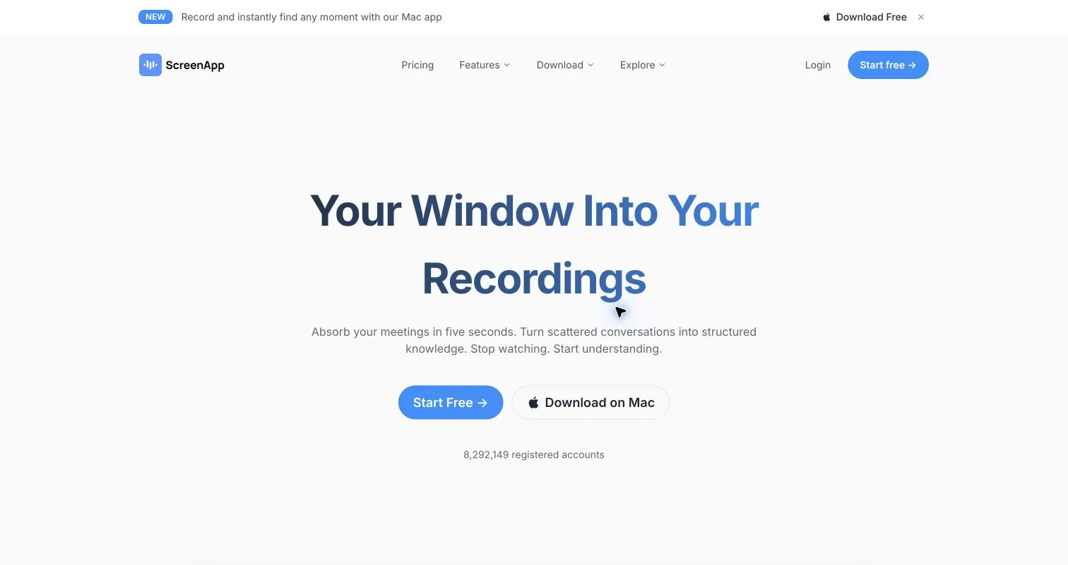 ScreenApp 官网首页，展示录制内容与知识整理的产品定位。