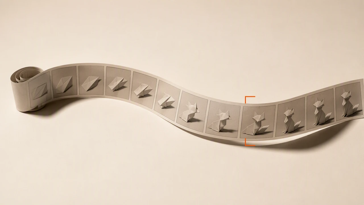A single long ribbon of paper film frames unspooling in a gentle curve across a warm off-white studio surface, each frame showing a later stage of one folded paper animal, with a small orange bracket marking one segment of the ribbon