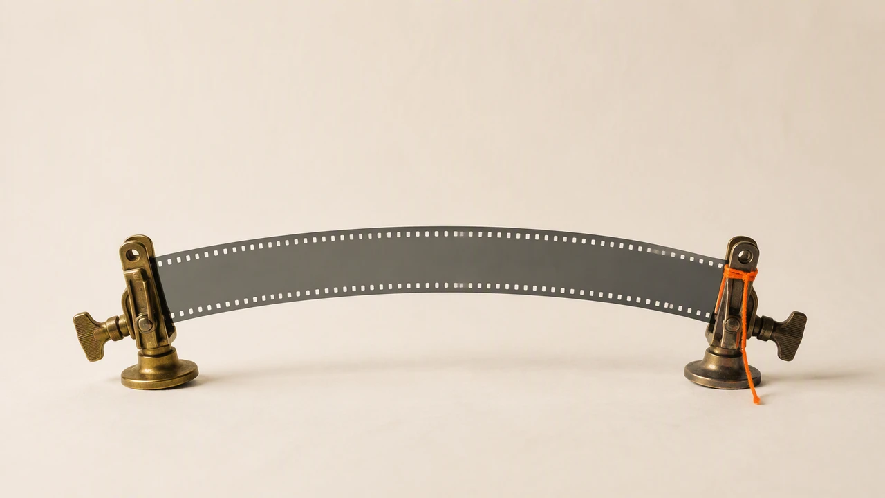 Two brass clamps holding the two ends of a blank strip of film that arcs above a warm off-white desk, the middle of the arc left empty