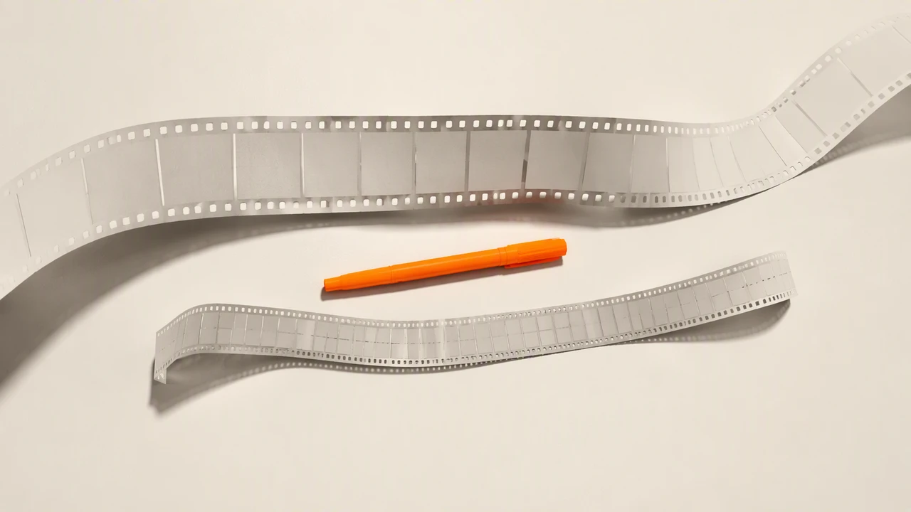 Two parallel paper film-strip ribbons on a warm off-white studio surface, the upper one twice as long and curving out of frame, the lower one shorter but finer grained, with a single orange marker resting between them