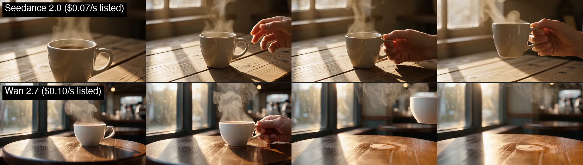 Four frames each from the same coffee-cup prompt: Seedance 2.0 on the top row, Wan 2.7 on the bottom row, both at 1080p