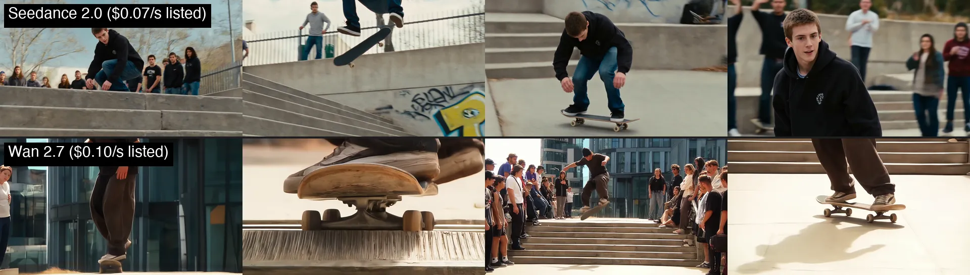 Four frames each from the skateboard kickflip prompt: Seedance 2.0 on the top row, Wan 2.7 on the bottom row