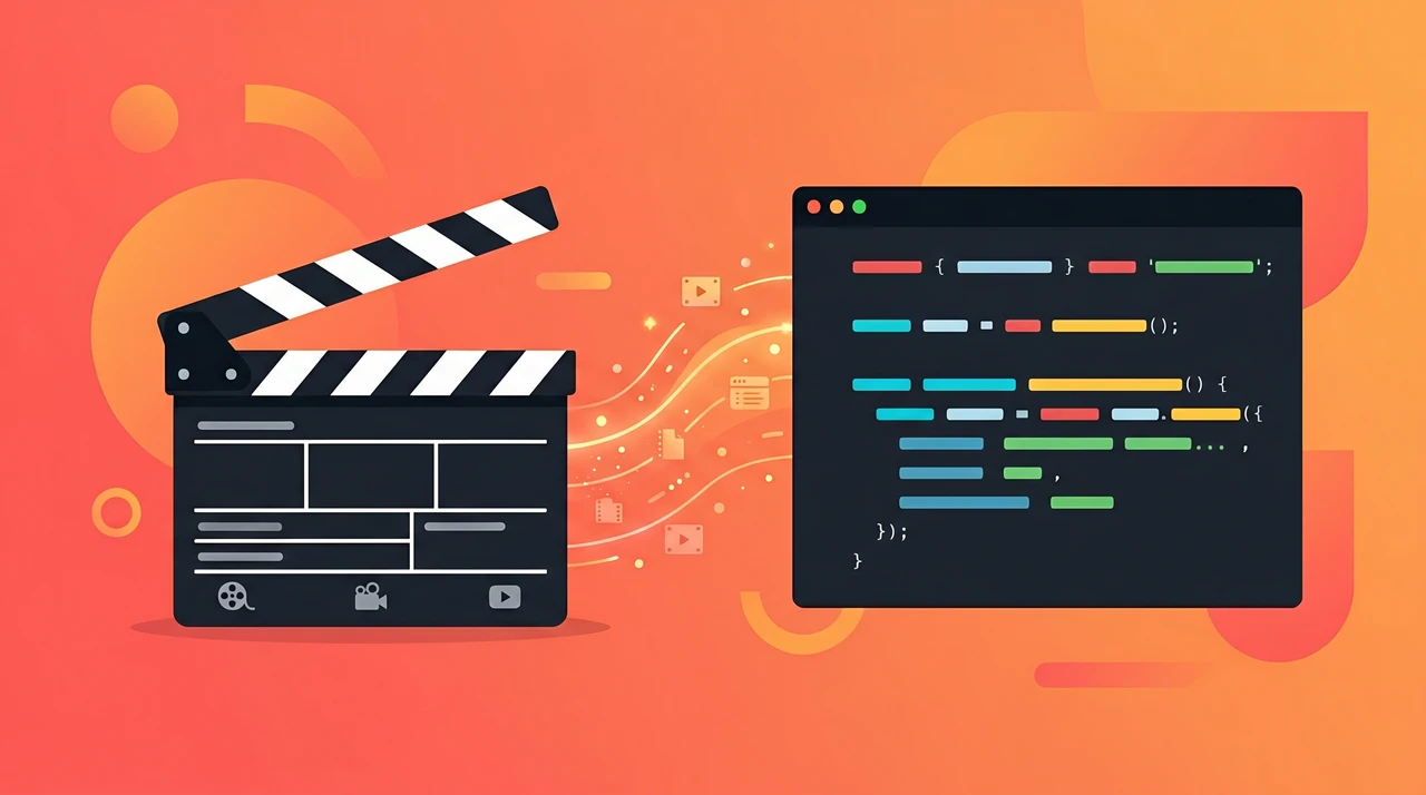 A flat-illustration style depiction of a film clapperboard next to a code editor window, connected by a glowing data stream on a warm gradient background