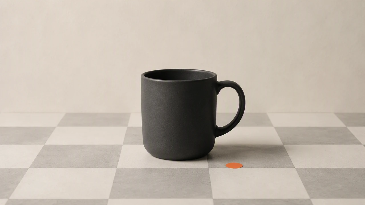 A matte charcoal ceramic mug standing on a pale grey and white checkerboard tile surface with a single small orange dot beside it