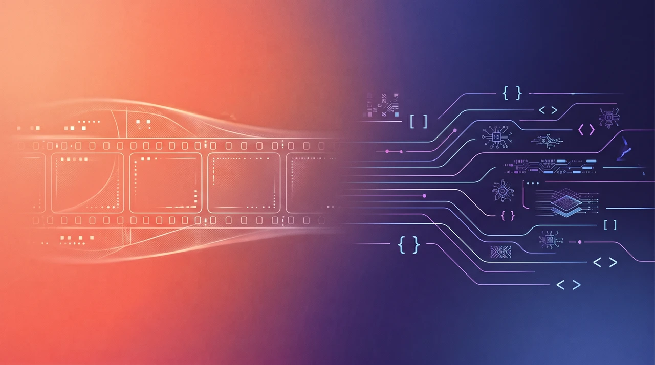 A flat-illustration style film strip unrolling into lines of code, with a warm coral and indigo gradient background — video generation meets API development