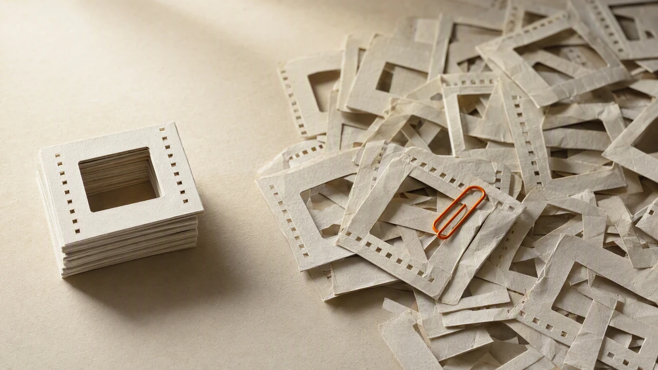 A warm off-white studio surface with a short stack of paper film frames on the left and a much taller fanned-out pile of discarded frames on the right, a single orange paper clip marking one frame in the tall pile