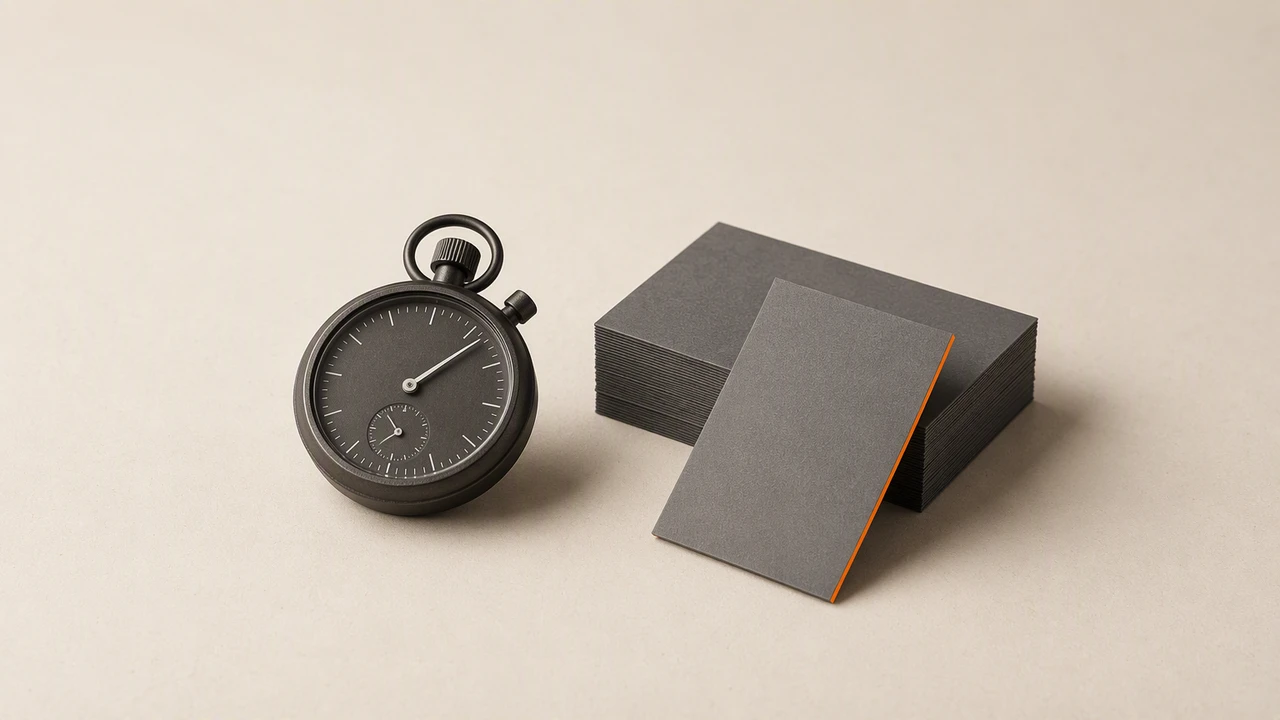 A charcoal mechanical stopwatch on a warm off-white desk beside a neat stack of blank grey cards, one card tipped up with an orange edge