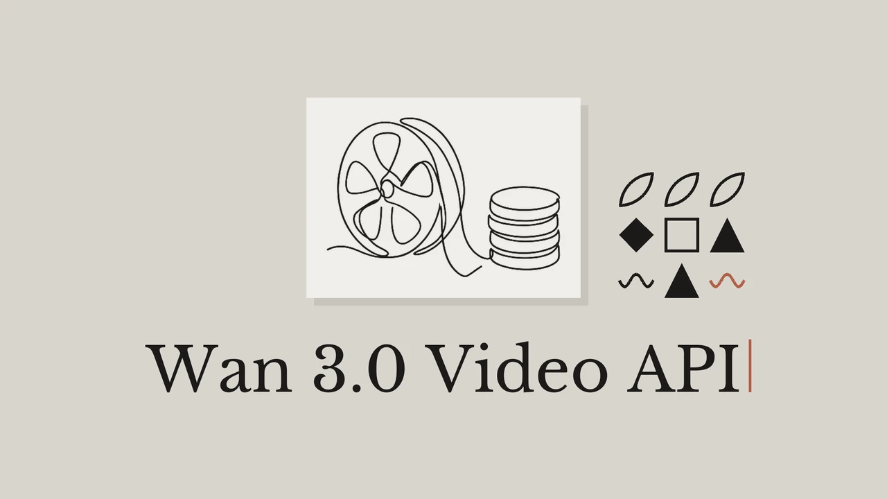 Single-line ink drawing of a film reel beside a stack of three coins of the same size on a pale paper card over a warm grey background, a small grid of black and rust geometric glyphs beside it, and the serif title Wan 3.0 Video API beneath