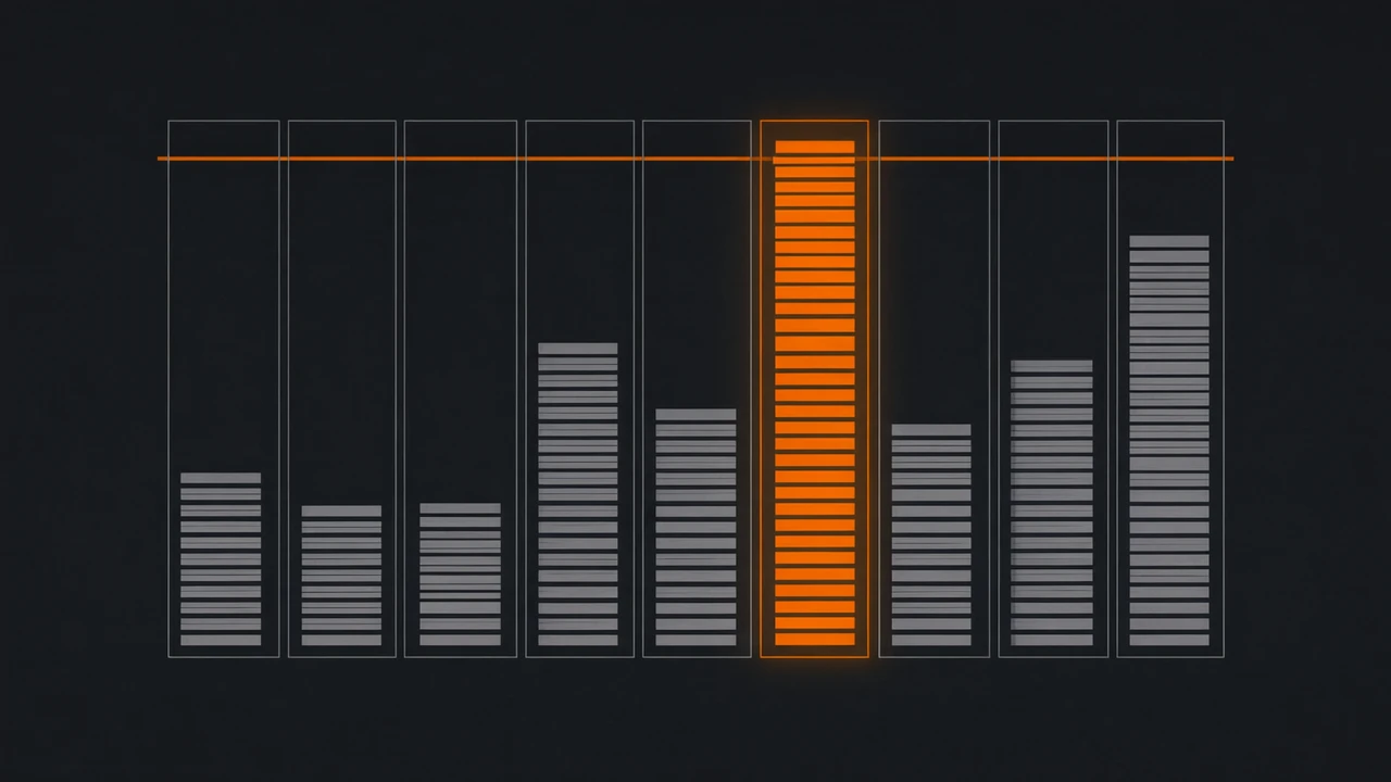A single document silhouette repeated at nine different scales inside nine identical rectangular frames on a dark field, one frame filled almost to the edge in orange, illustrating that the same text consumes different amounts of a fixed token budget on different models
