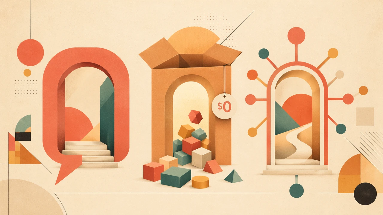 Three arched doorways to a free open-weights model (a chat bubble, an open box of model weights, and a routing node) with a small $0 tag, in El Lissitzky geometric abstraction style on cream paper