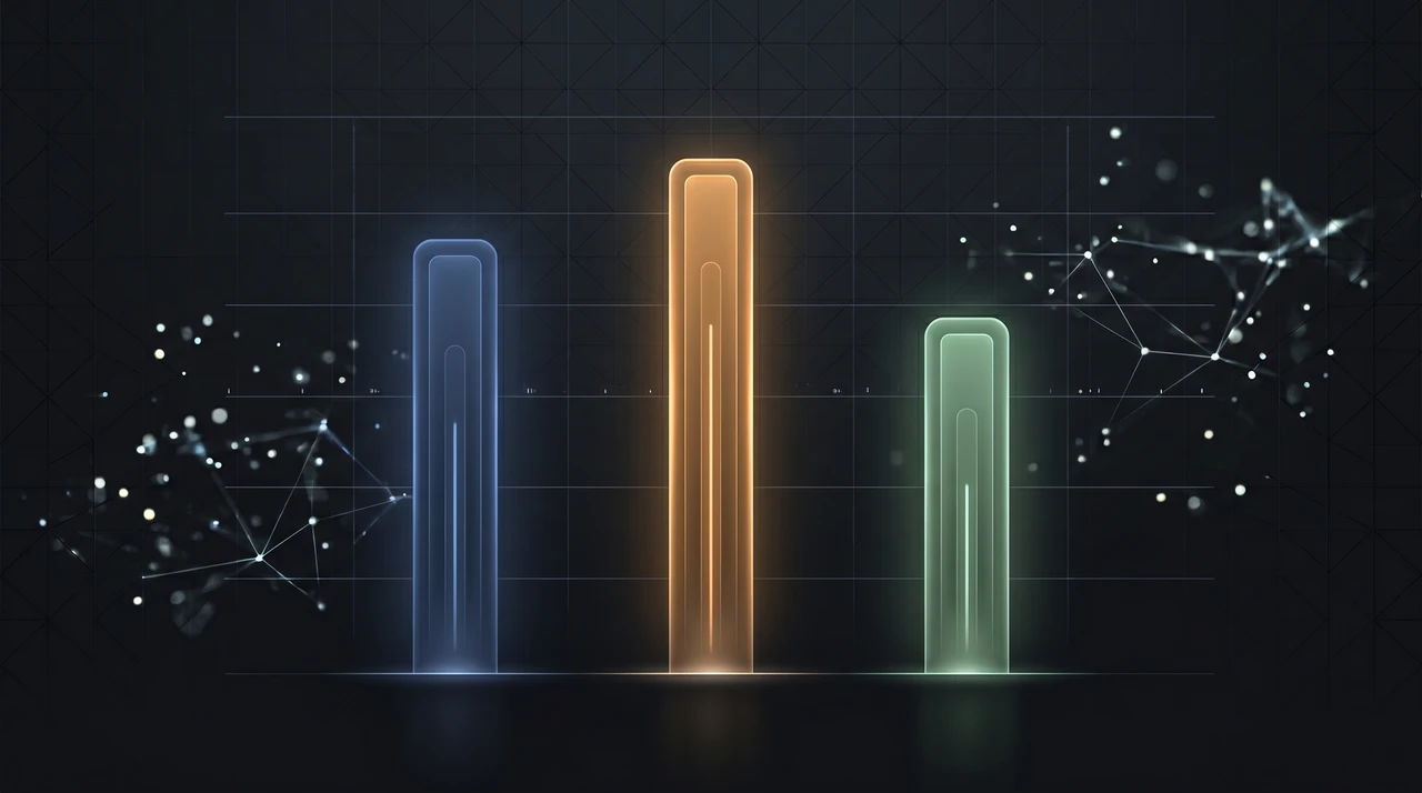 Abstract data visualization comparing three AI model flagship APIs — vertical performance bars in muted blue, amber, and green on a dark background, no text