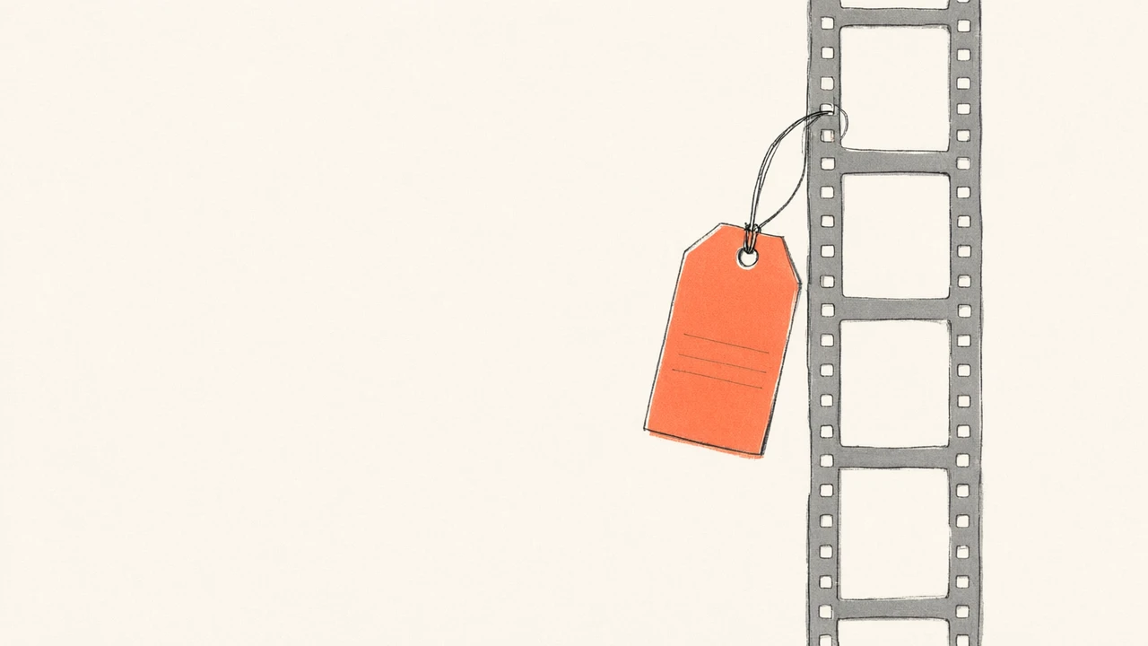 A coral price tag hanging from a strip of film, with the number on the tag left blank