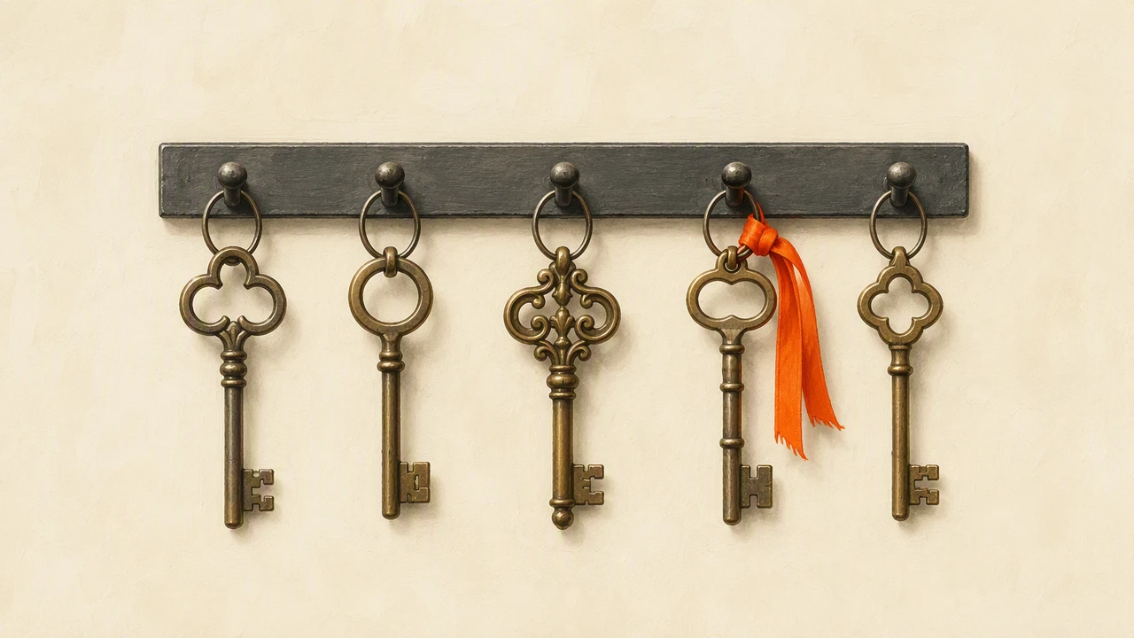 Five brass keys hanging in a row on a charcoal rail, one marked with an orange ribbon, abstract representation of matching a status code to the right provider