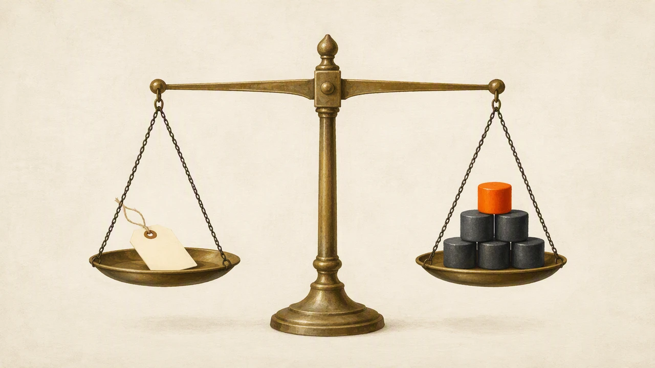 A brass balance scale, one pan holding a single blank paper tag and the other stacked with six plain weights, the top one orange